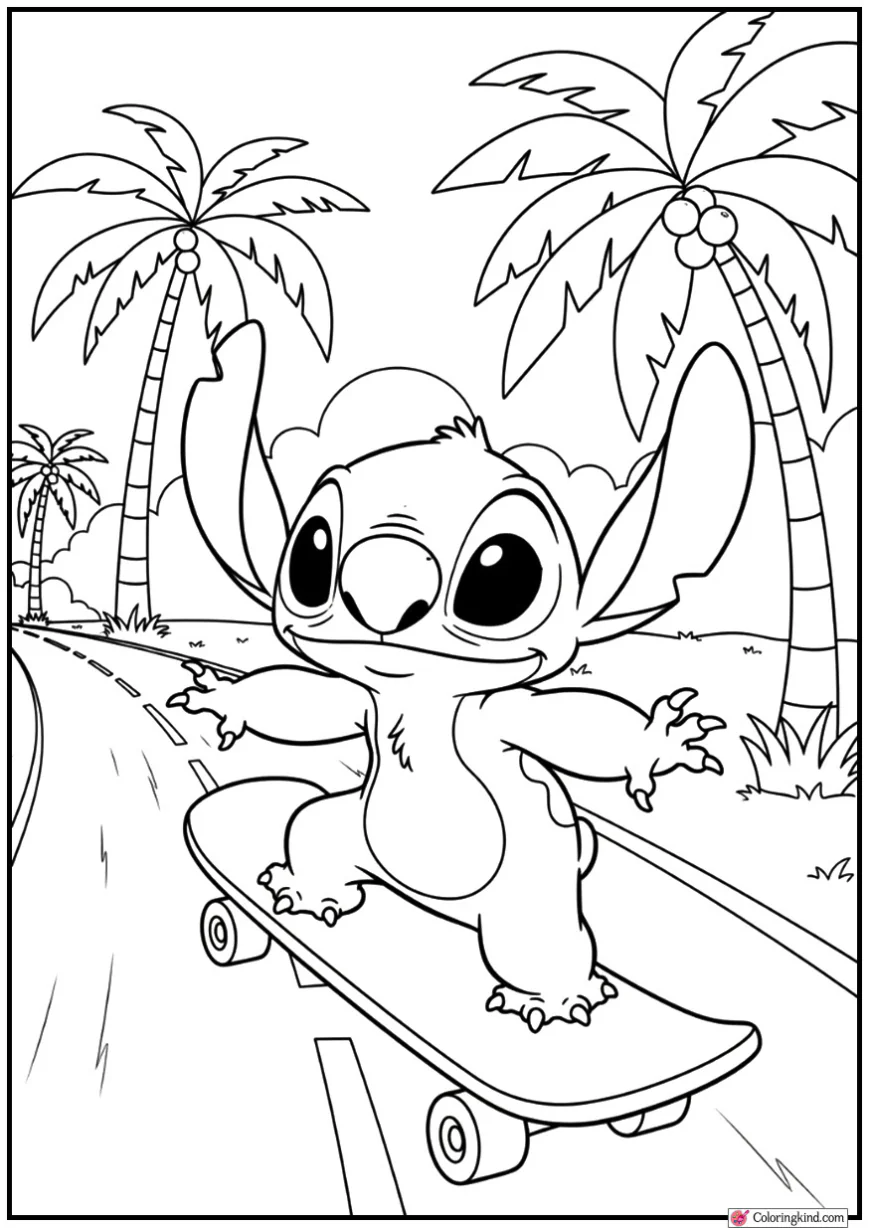Stitch Riding a Skateboard Down Palm Tree Road