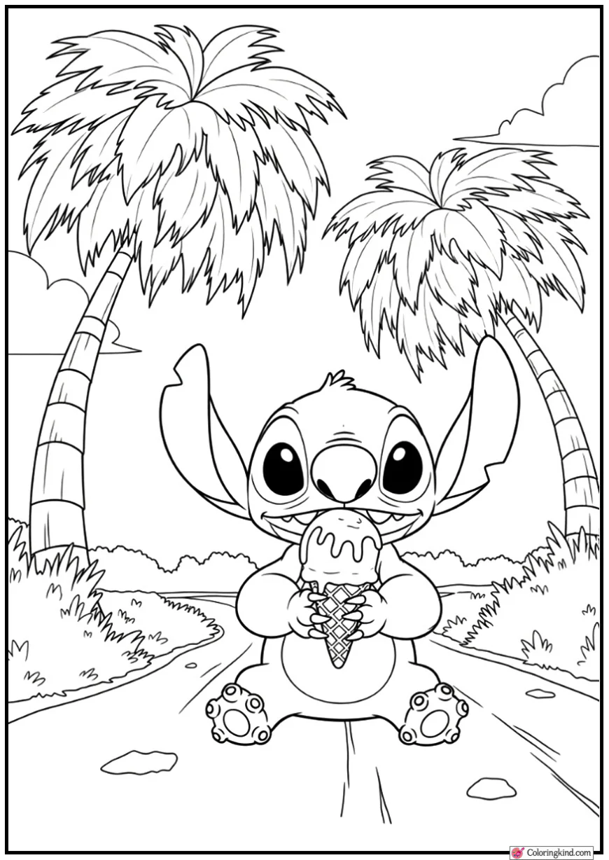 Stitch Eating Ice Cream Under Coconut Trees