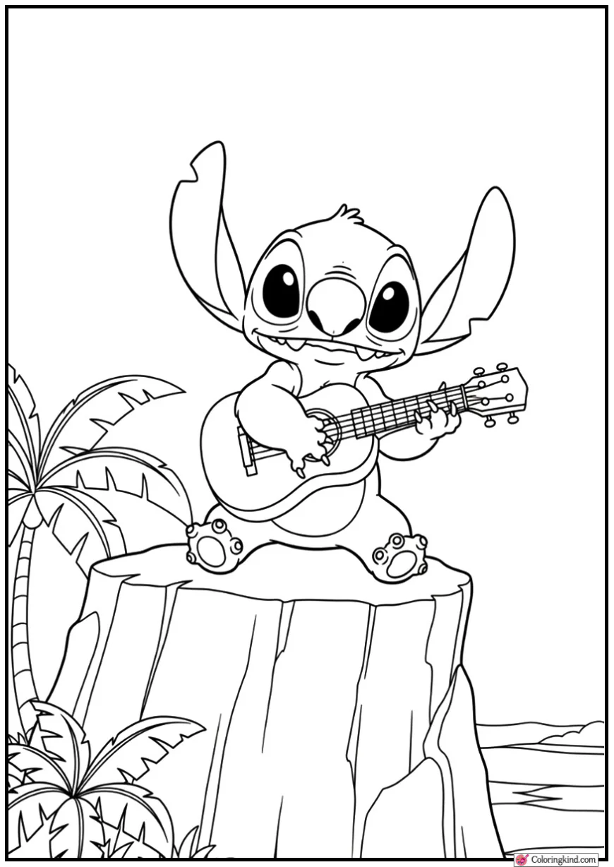Stitch Playing Ukulele on Tropical Cliff
