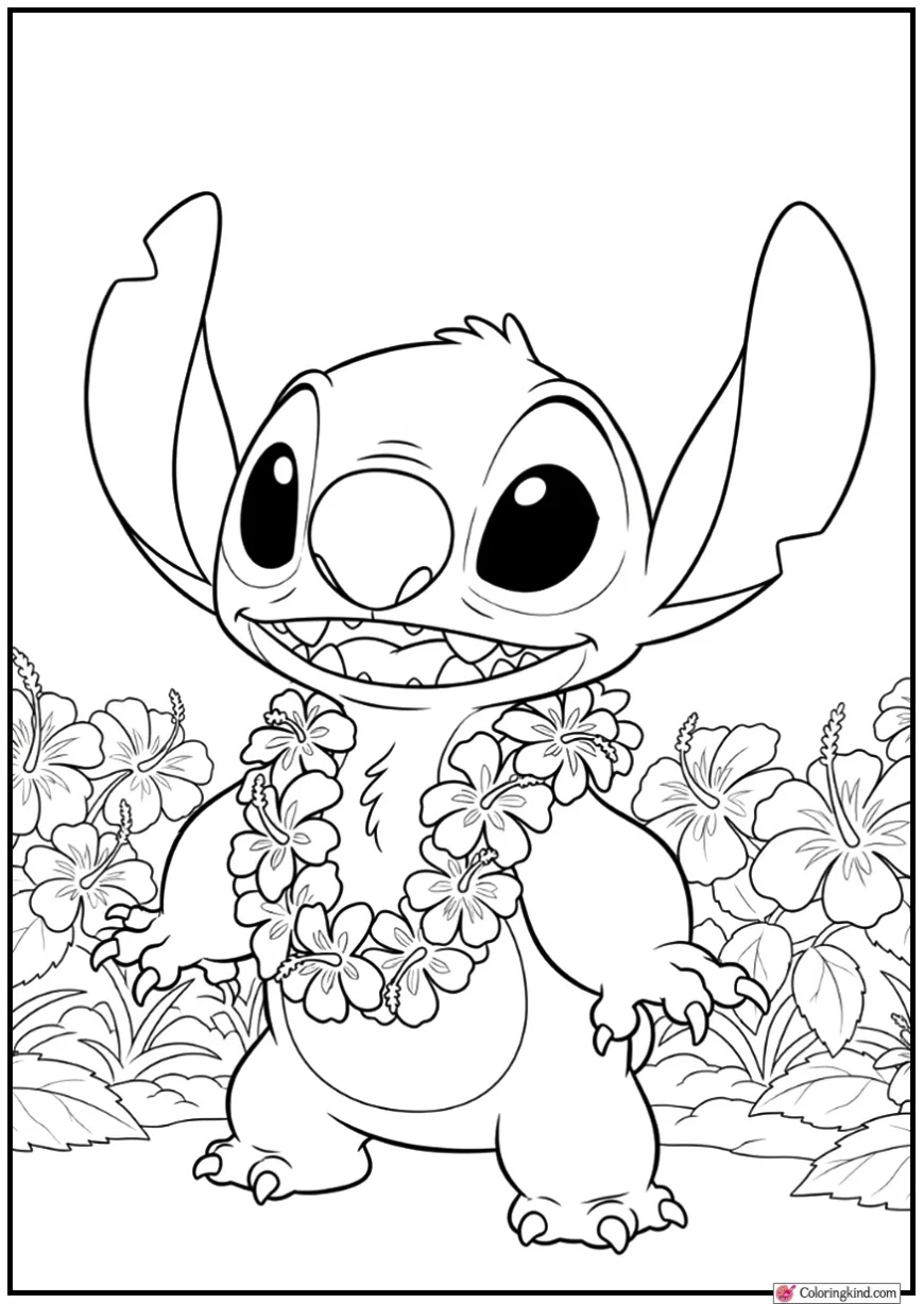 Stitch Wearing Flower Lei in Hibiscus Field