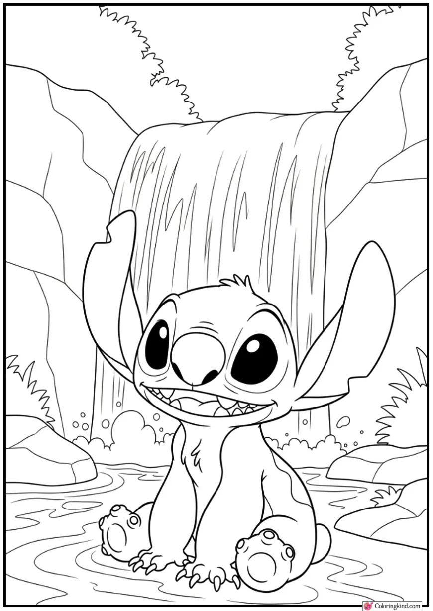 Stitch Sitting Beside Waterfall