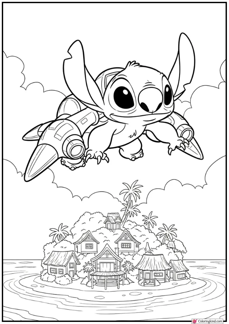 Stitch Flying Jetpack Over Island Village