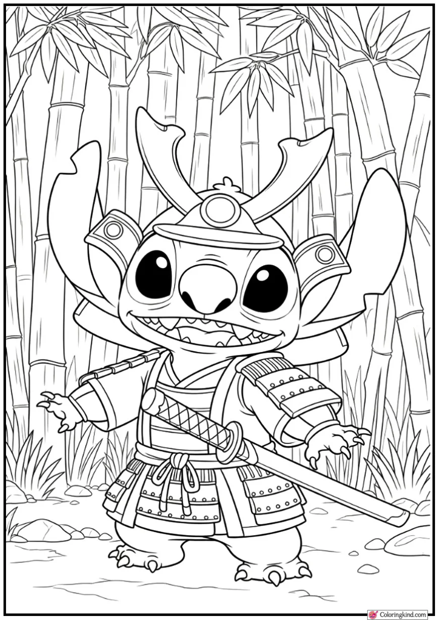 Stitch Dressed as Samurai in Bamboo Forest