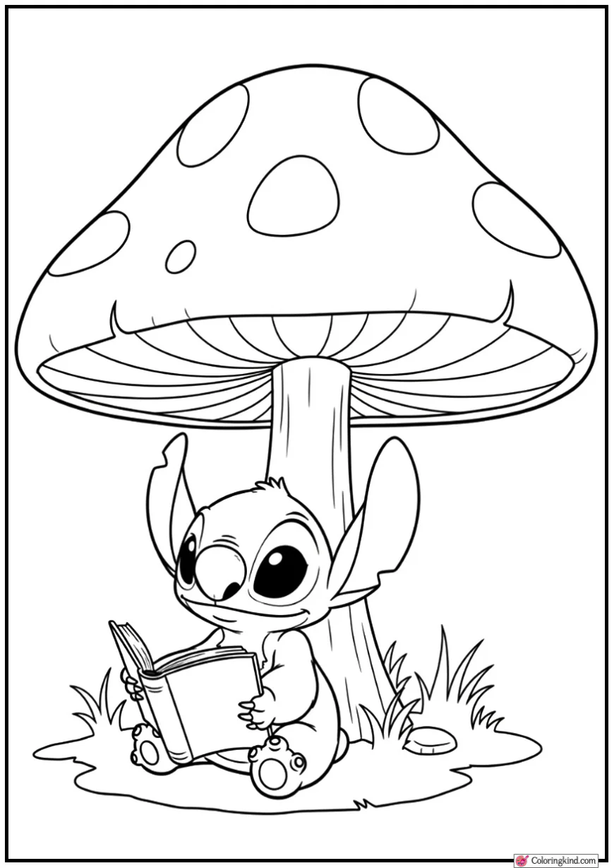 Stitch Reading Book Under Giant Mushroom