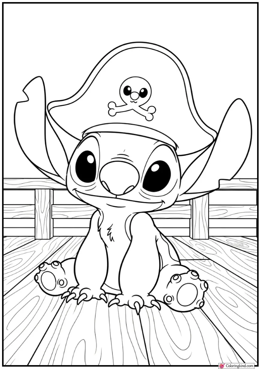 Stitch Wearing Pirate Hat on Wooden Ship Deck