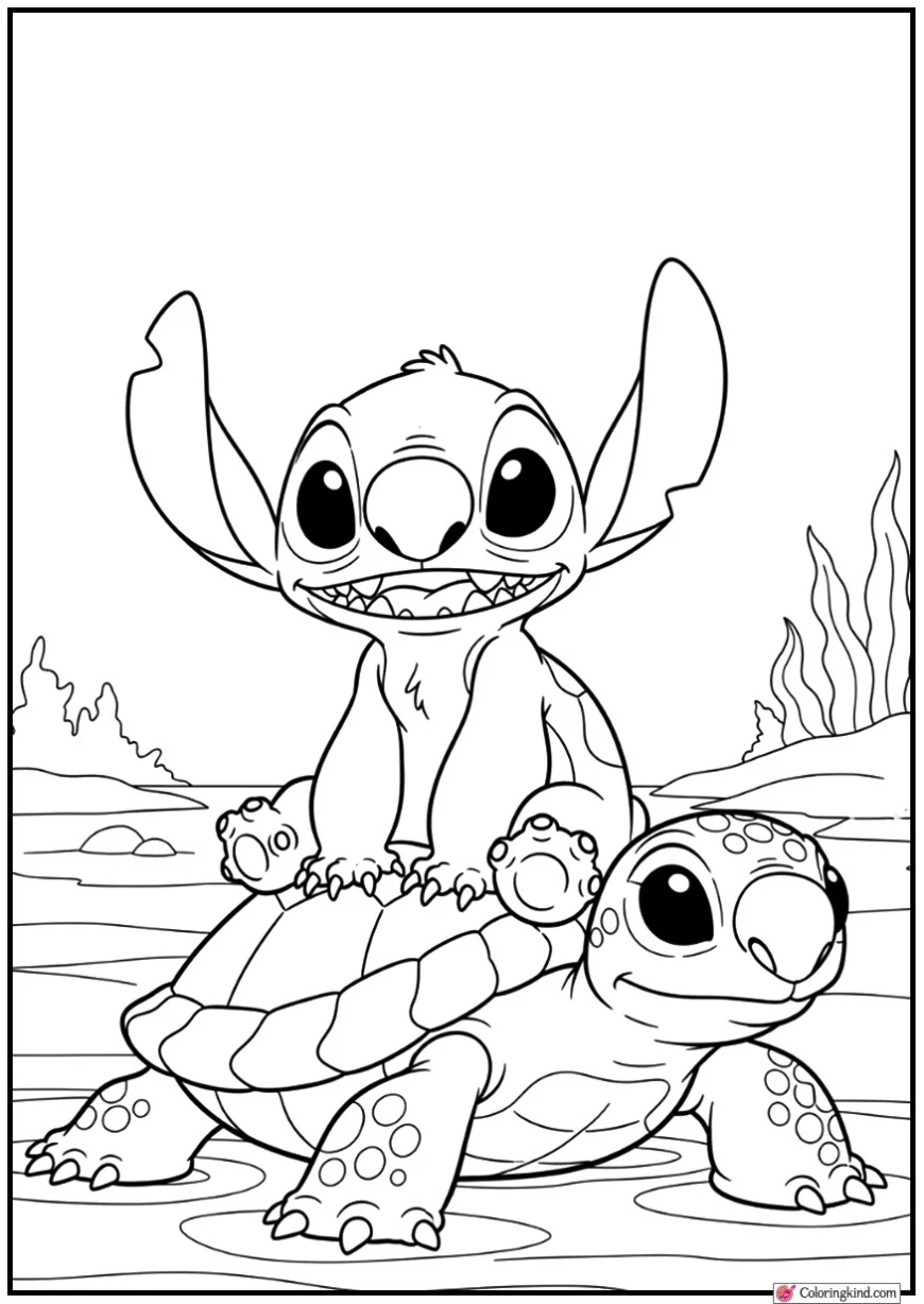 Stitch Sitting on Giant Turtle in Ocean Lagoon