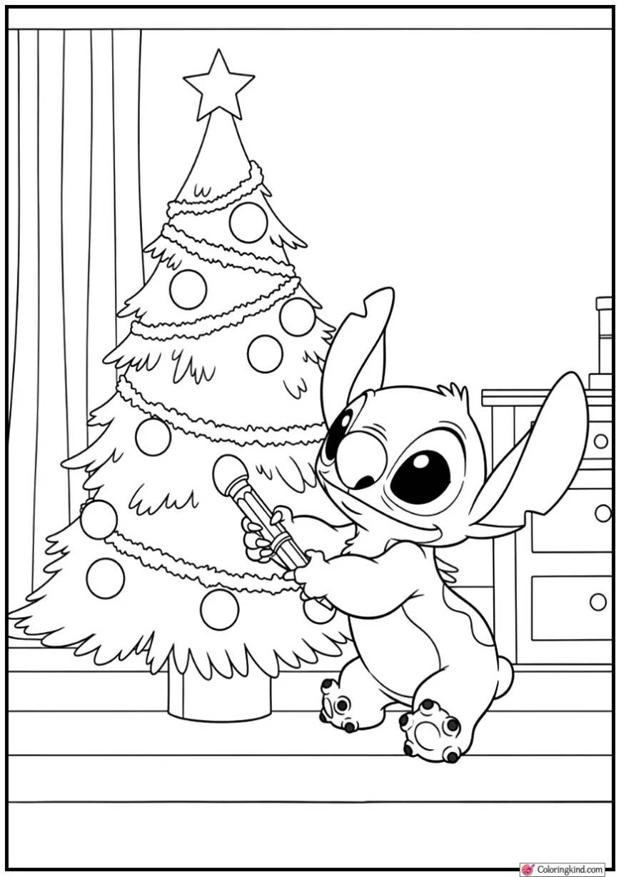 Stitch Decorating Christmas Tree Indoors