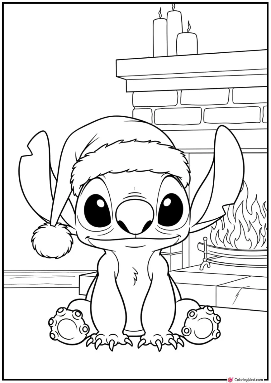 Stitch Wearing Santa Hat Beside Cozy Fireplace