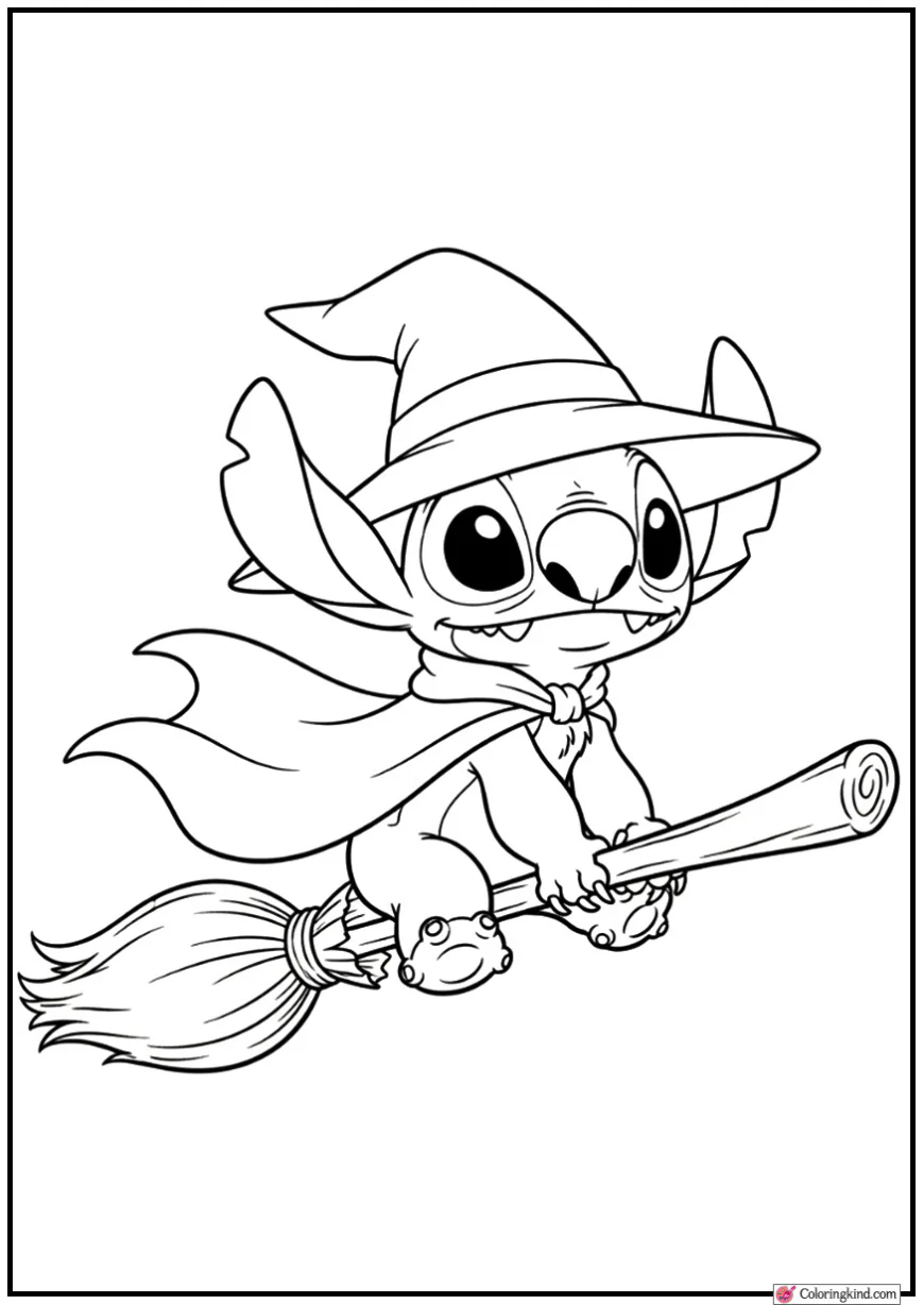 Stitch Wearing Witch Hat Flying on Broom