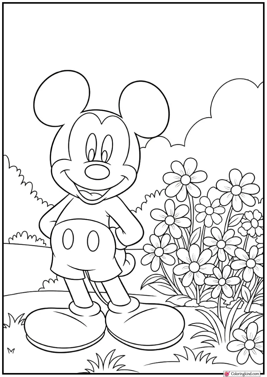 Mickey Mouse Standing by a Flower Garden