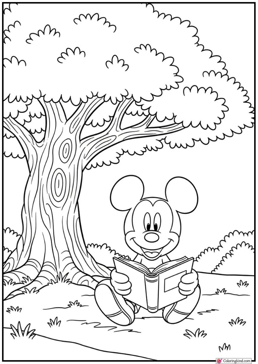 Mickey Mouse Reading a Book Under a Big Tree