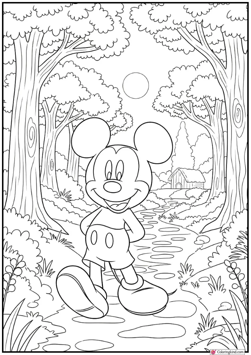 Mickey Mouse Walking Through a Cozy Forest Path