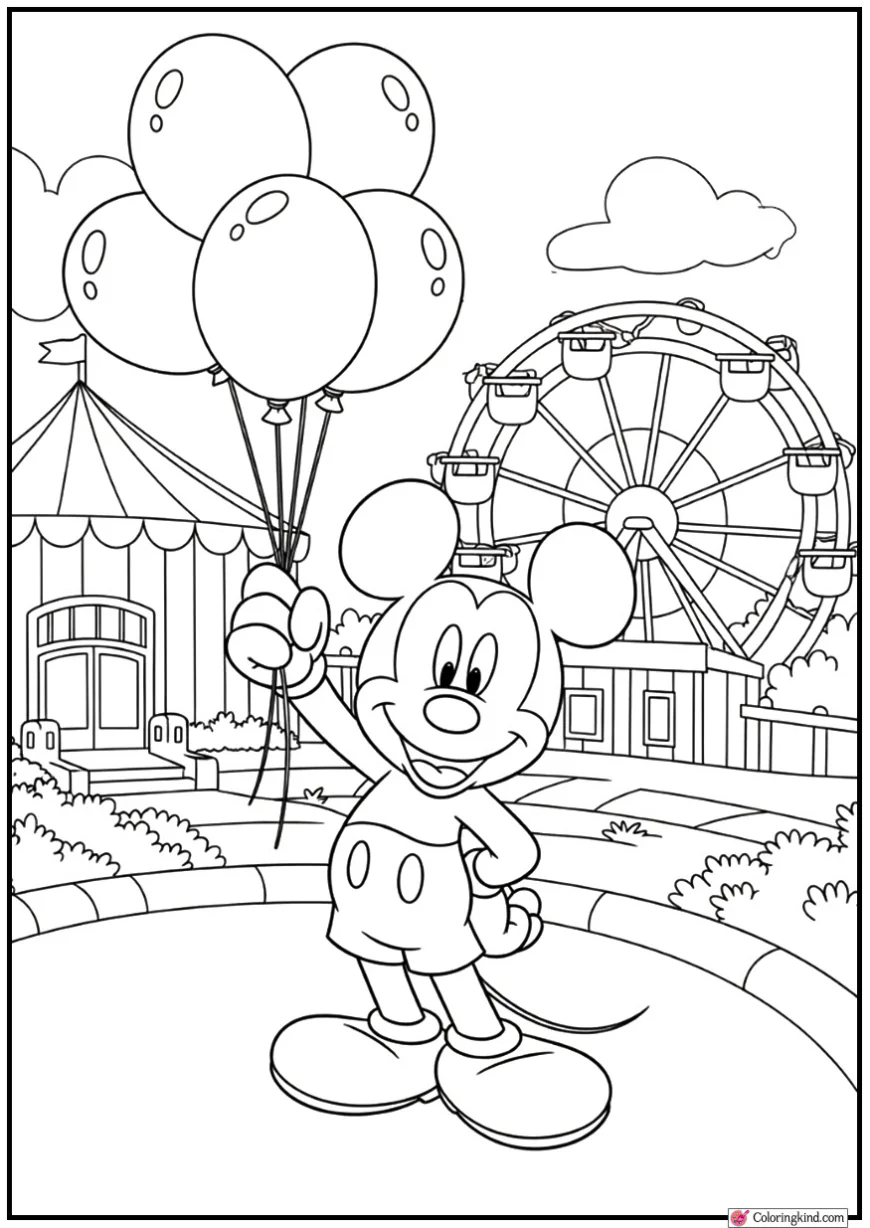 Mickey Mouse Holding Balloons in a Fairground