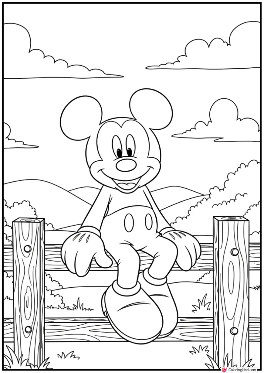 Mickey Mouse Sitting on a Fence Overlooking Hills