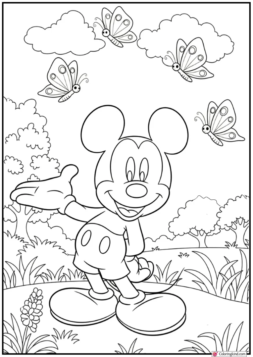 Mickey Mouse Playing with Butterflies in a Meadow