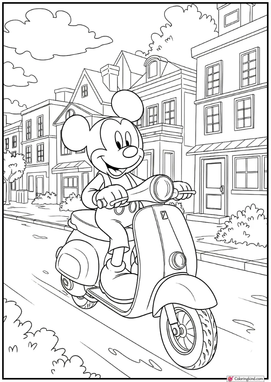 Mickey Mouse Riding a Scooter Through Town