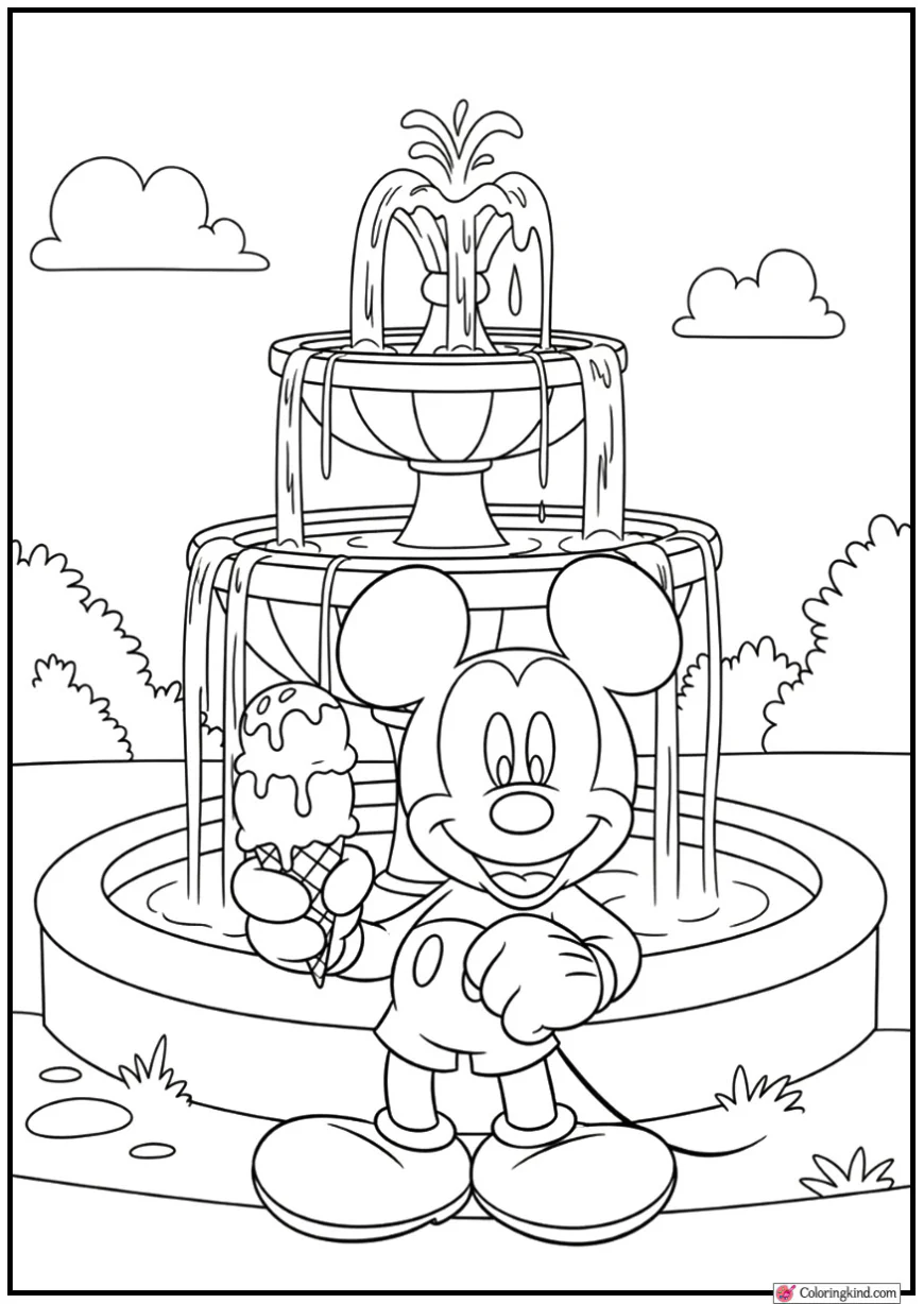 Mickey Mouse Enjoying Ice Cream by a Fountain