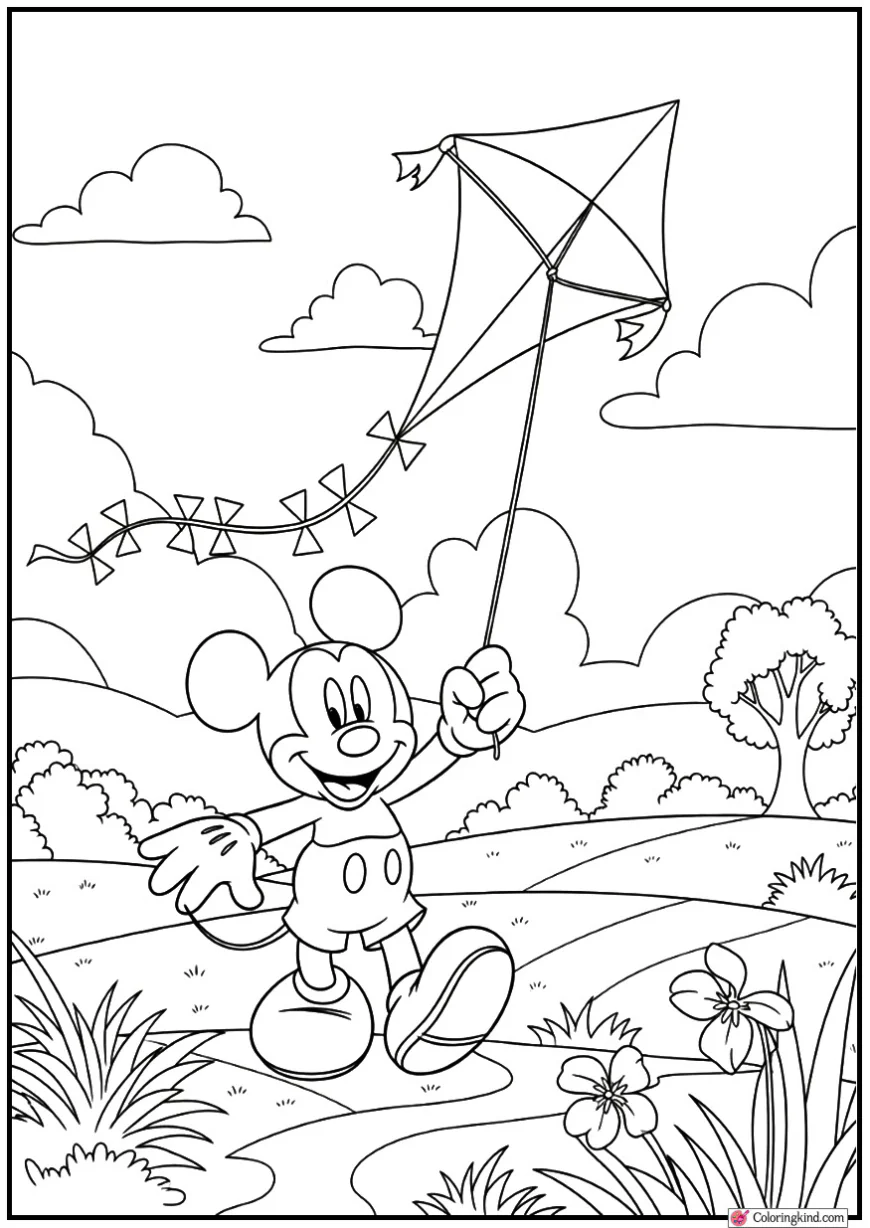 Mickey Mouse Flying a Kite in an Open Field