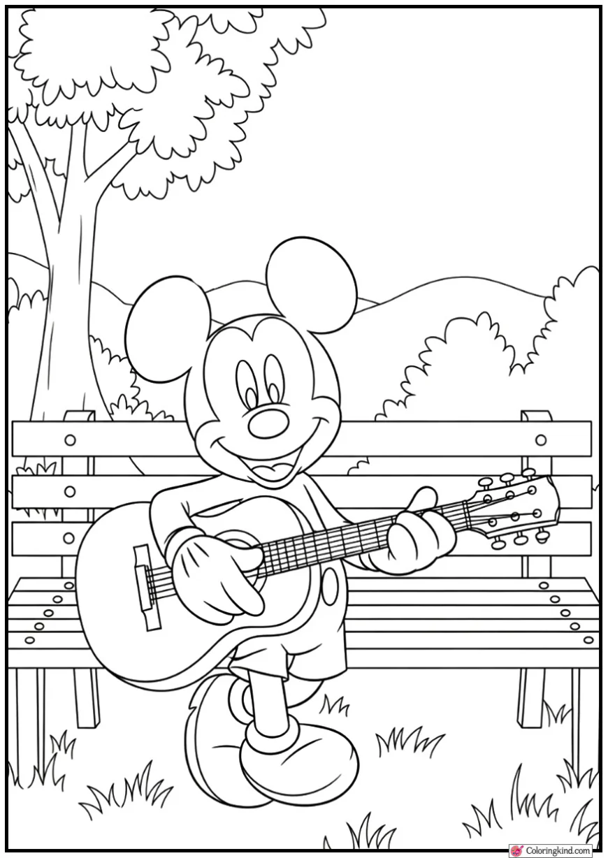 Mickey Mouse Playing Guitar on a Park Bench