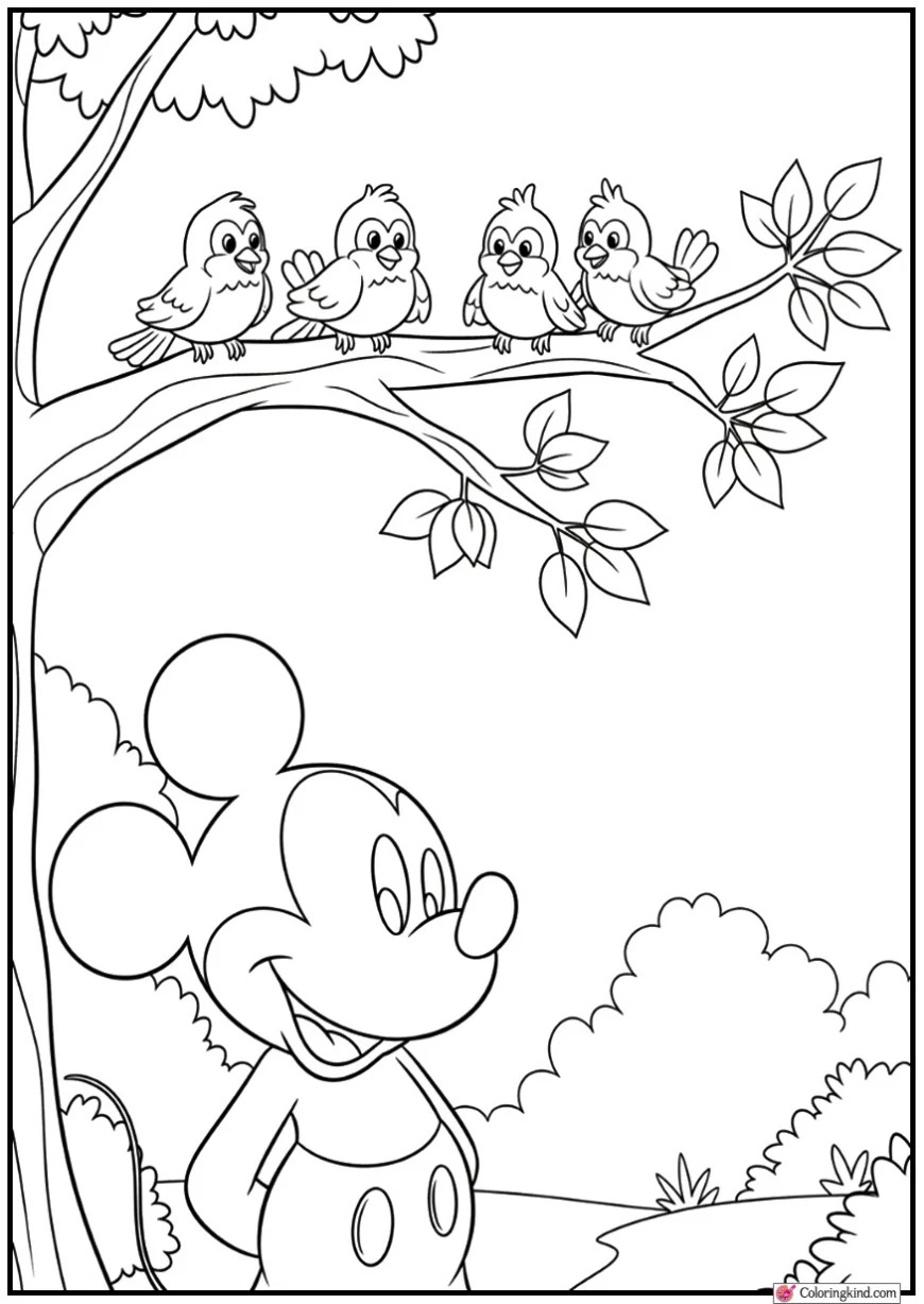 Mickey Mouse Watching Birds on a Tree Branch