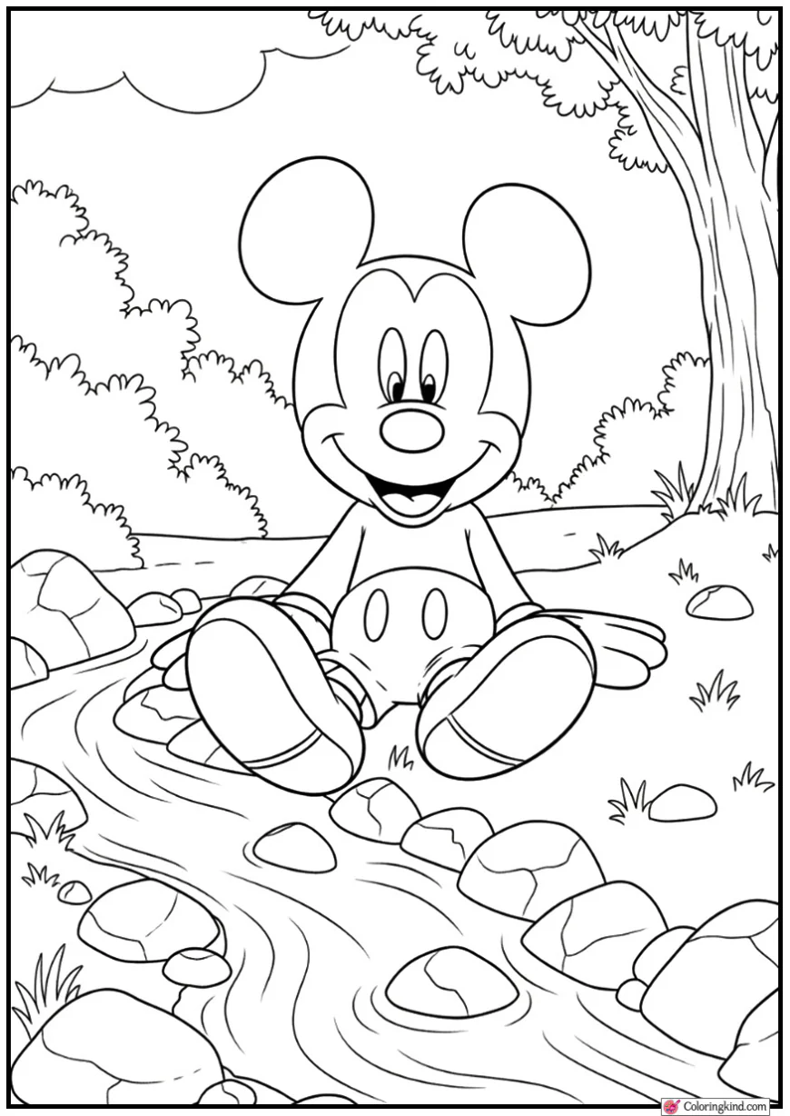 Mickey Mouse Sitting Beside a Stream with Rocks