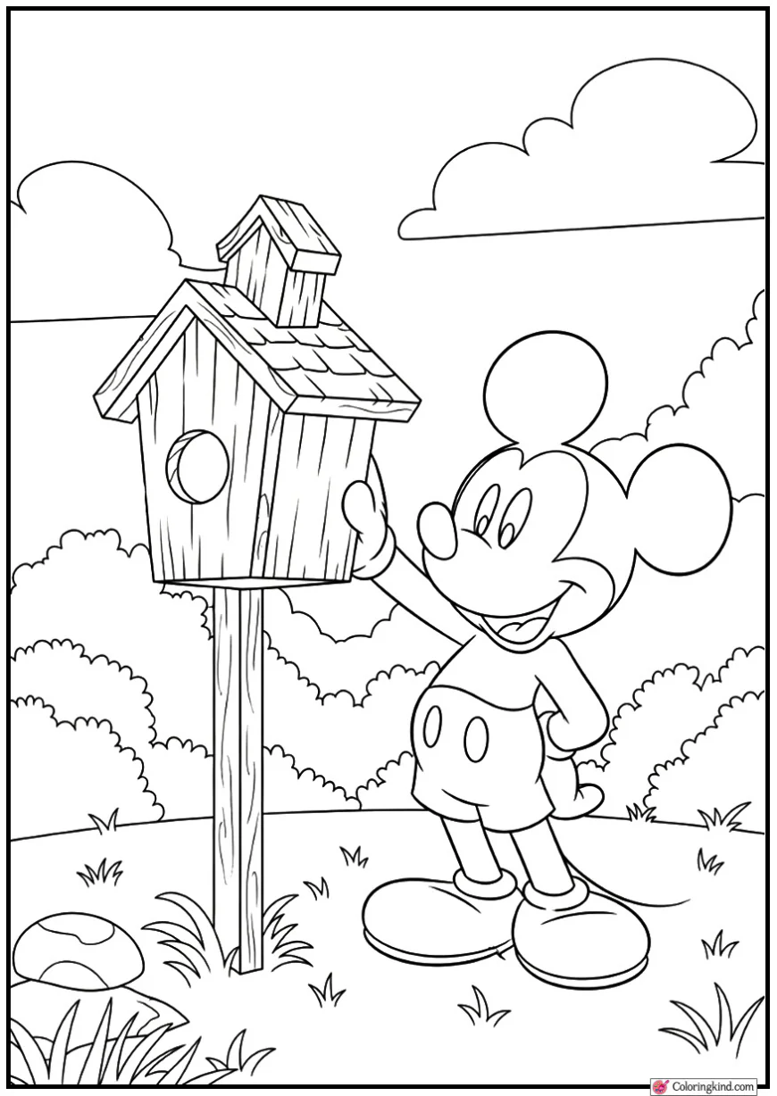 Mickey Mouse Building a Birdhouse in the Yard