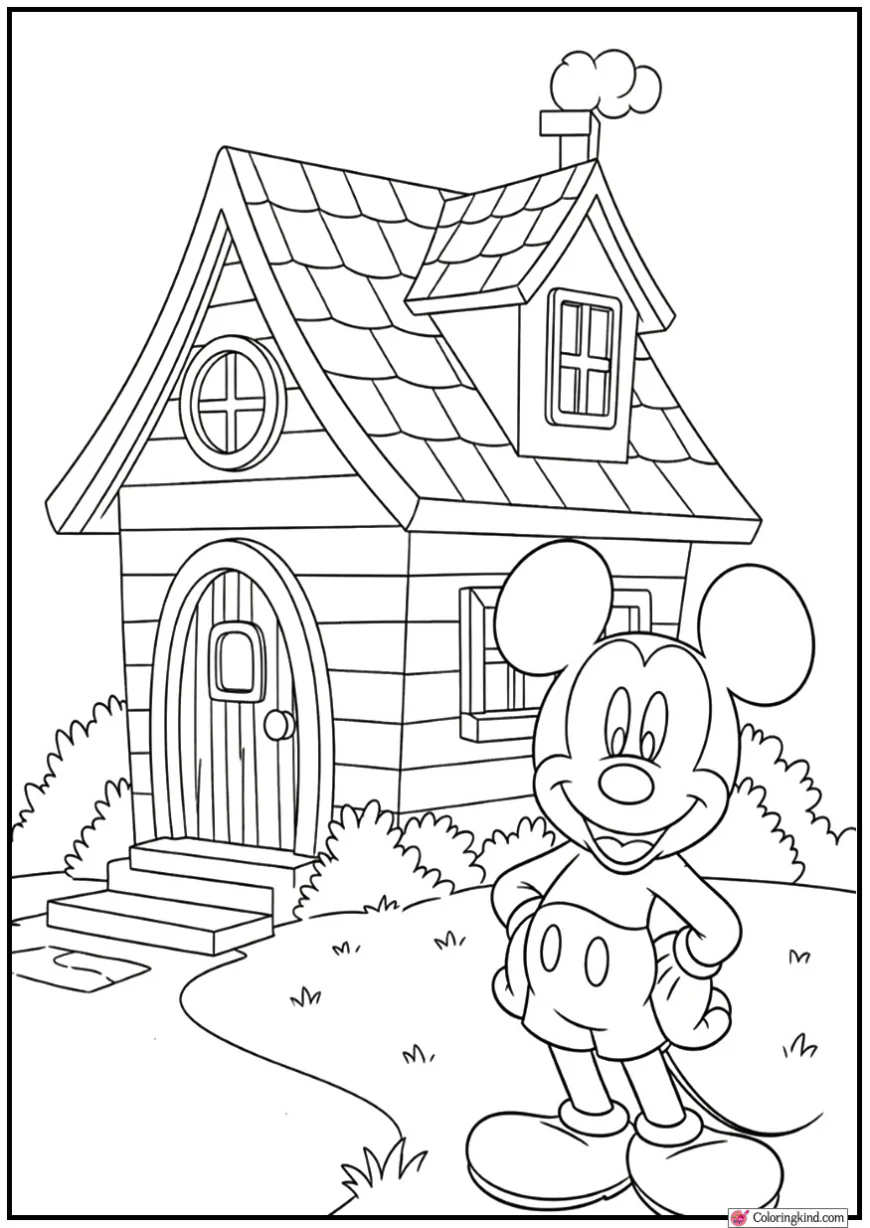 Mickey Mouse Standing Beside a Cute Cottage
