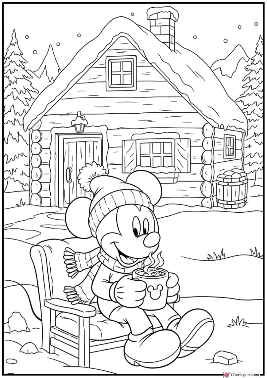 Mickey Mouse Drinking Hot Cocoa in a Winter Cabin
