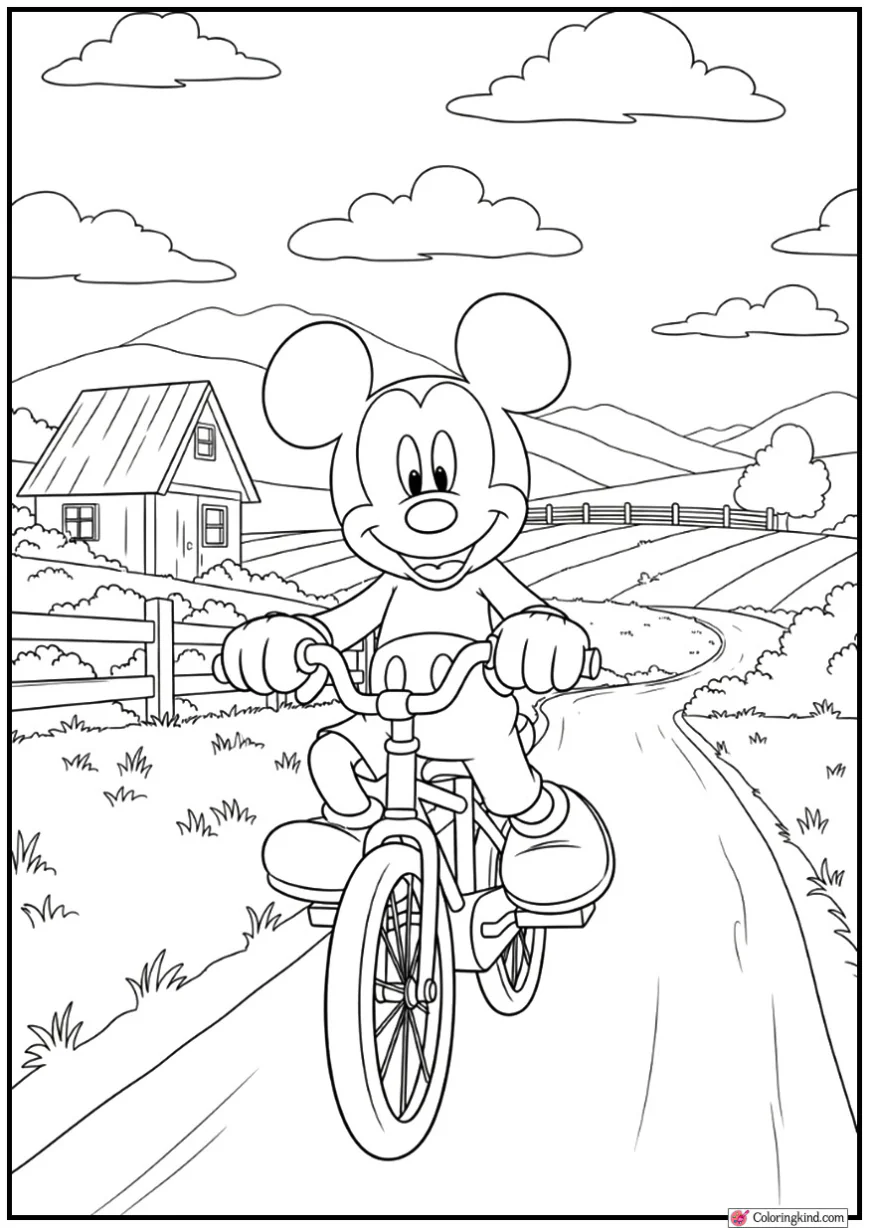 Mickey Mouse Riding a Bicycle Down a Country Road