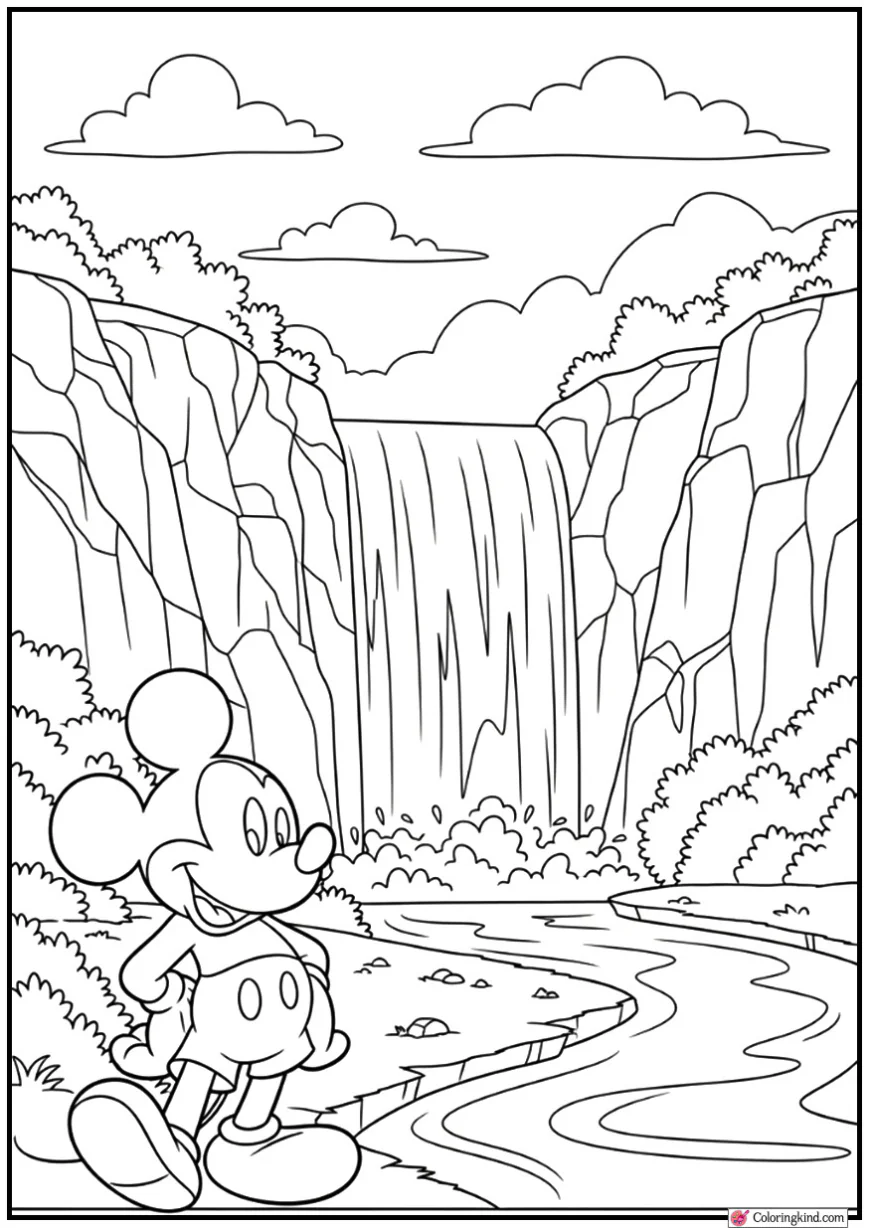 Mickey Mouse Near a Big Waterfall Landscape