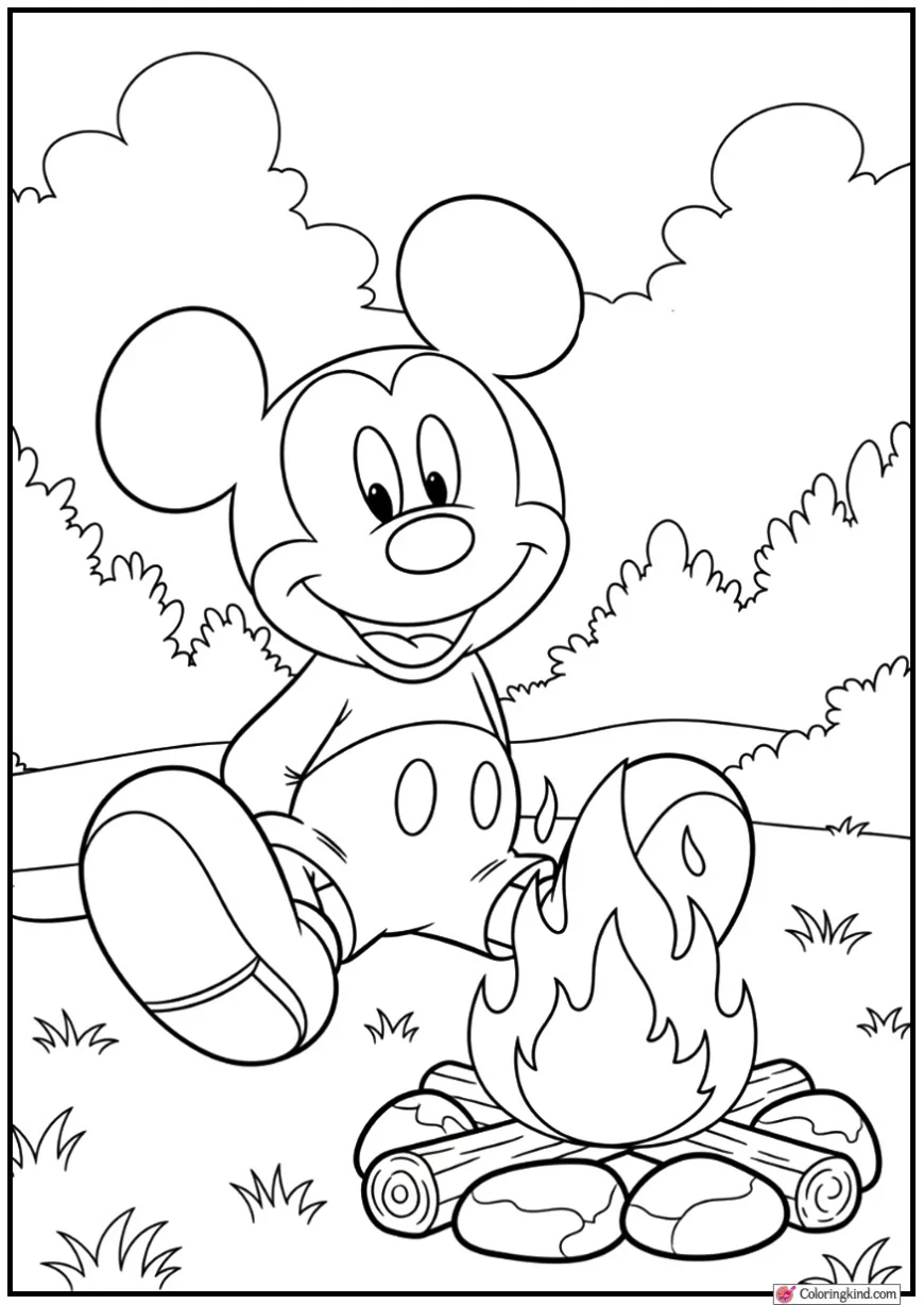 Mickey Mouse Sitting Beside a Campfire