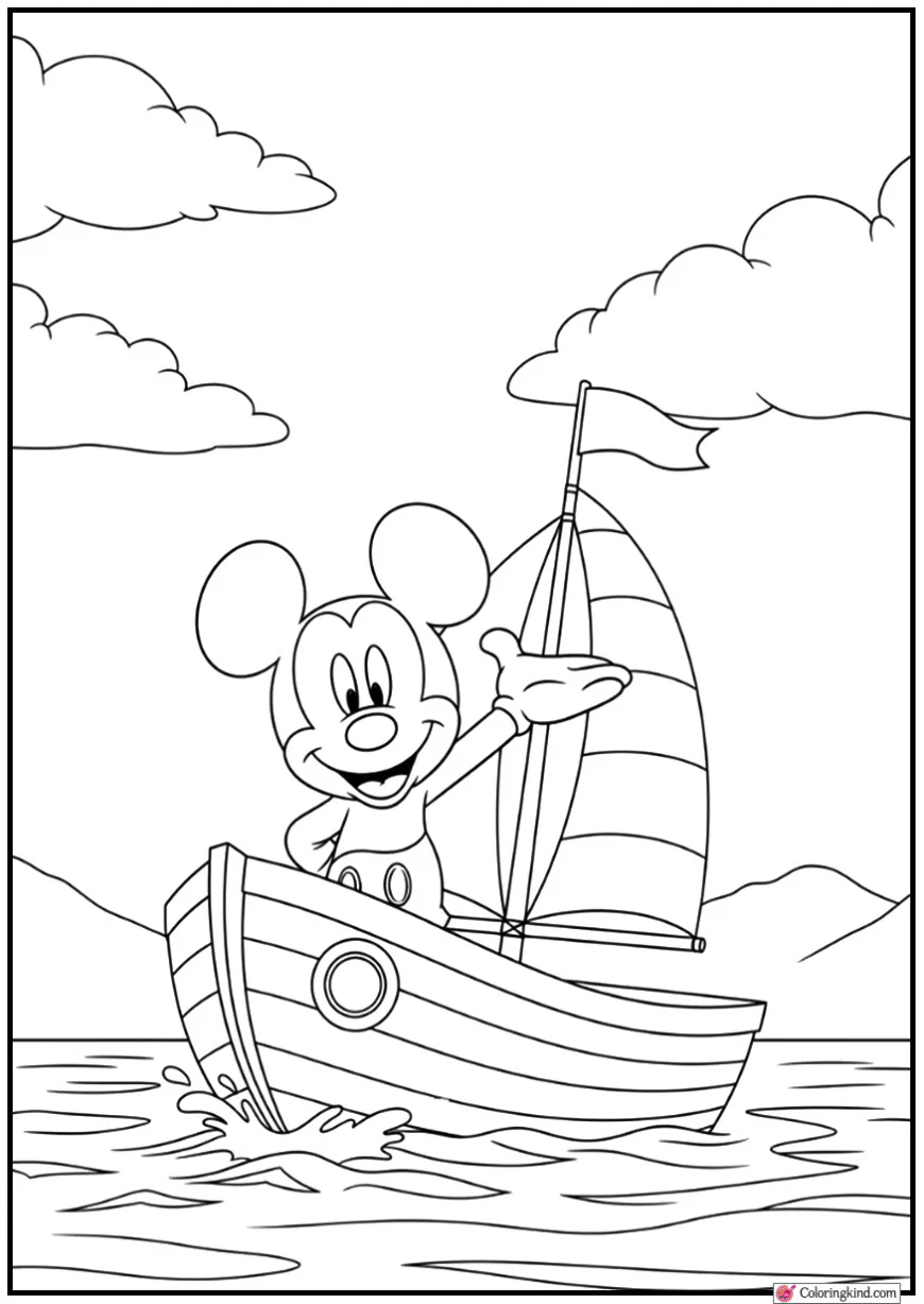 Mickey Mouse Sailing a Small Boat on Calm Waters
