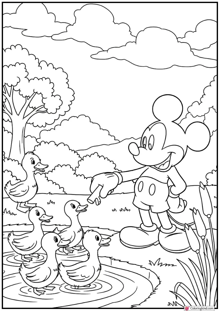 Mickey Mouse Feeding Ducks at a Pond