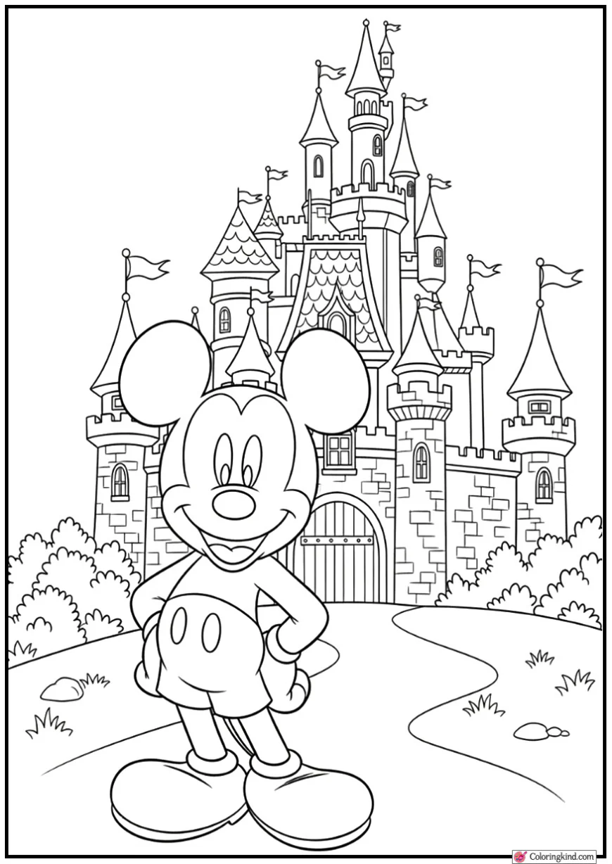 Mickey Mouse Standing Near a Fairy Tale Castle