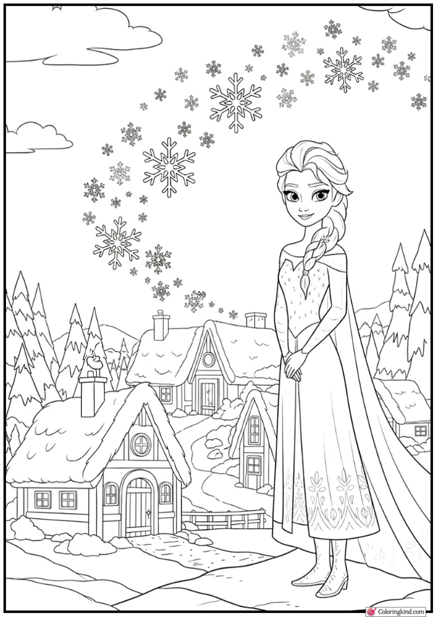Elsa Floating Snowflakes Around Sleeping Village