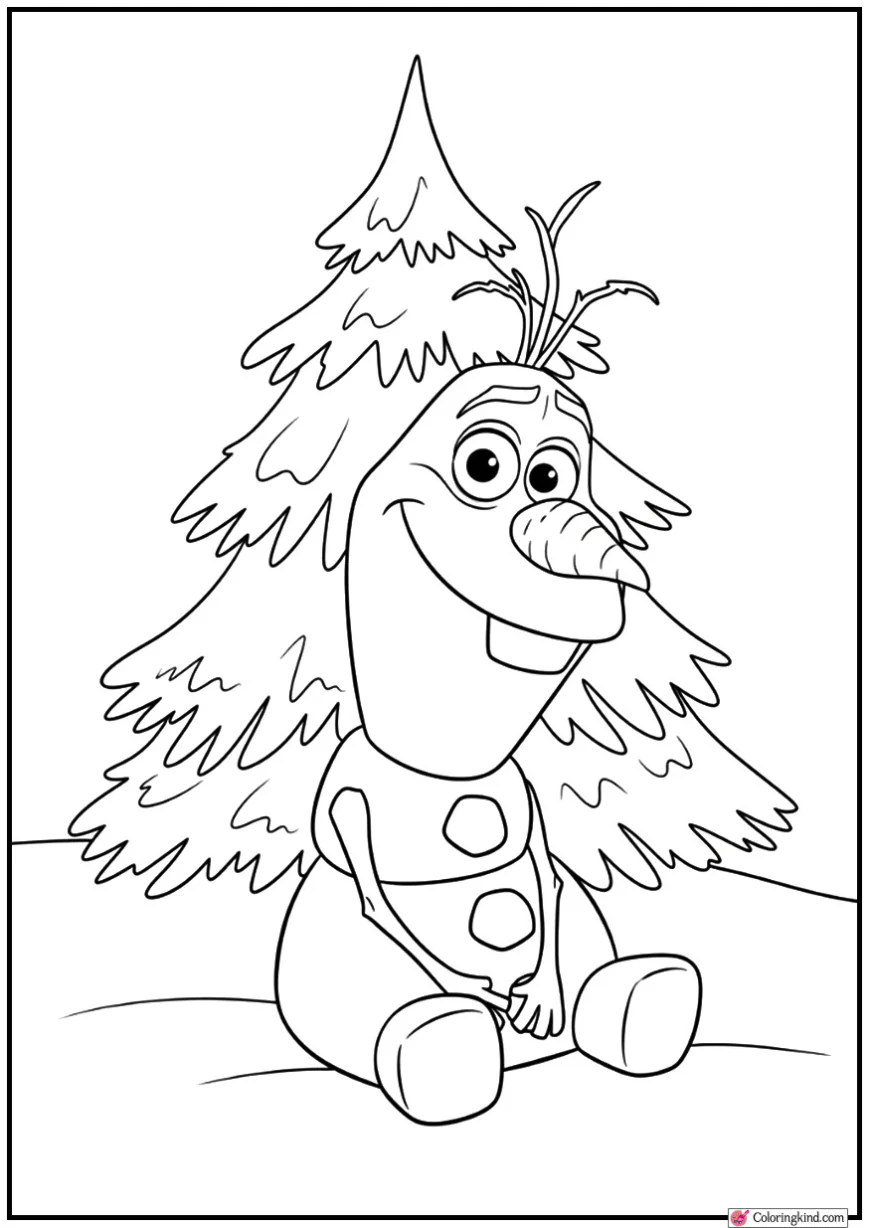 Olaf Sitting Under Snowy Pine Tree