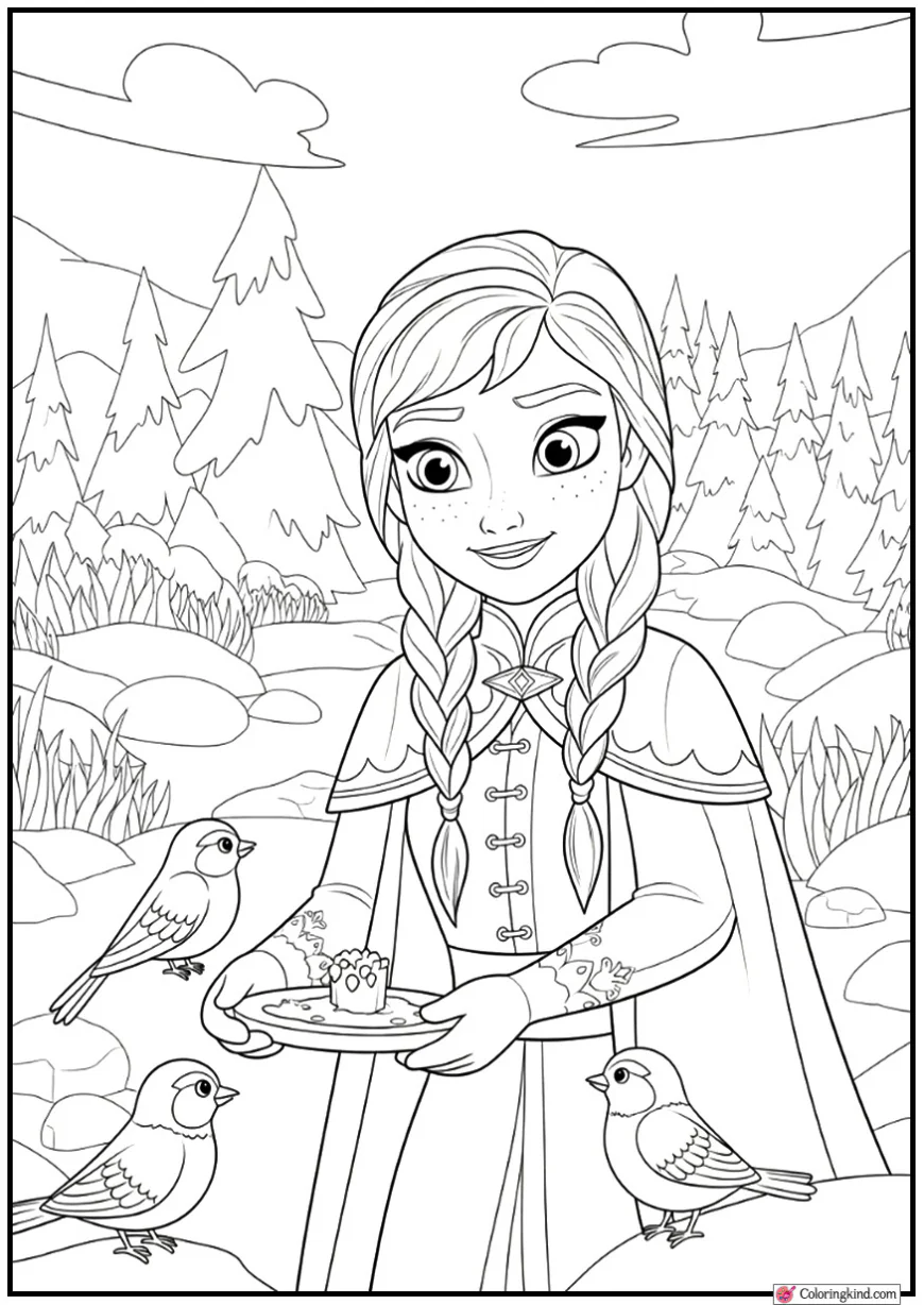 Anna Feeding Winter Birds in Frosty Meadow