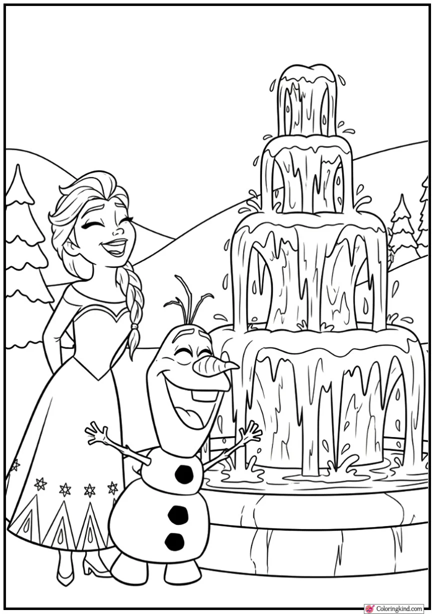 Olaf and Elsa Laughing Beside Ice Fountain
