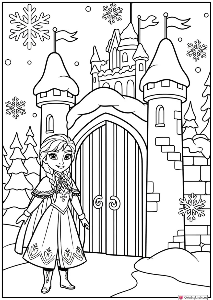 Anna Standing Beside Snowy Castle Gates