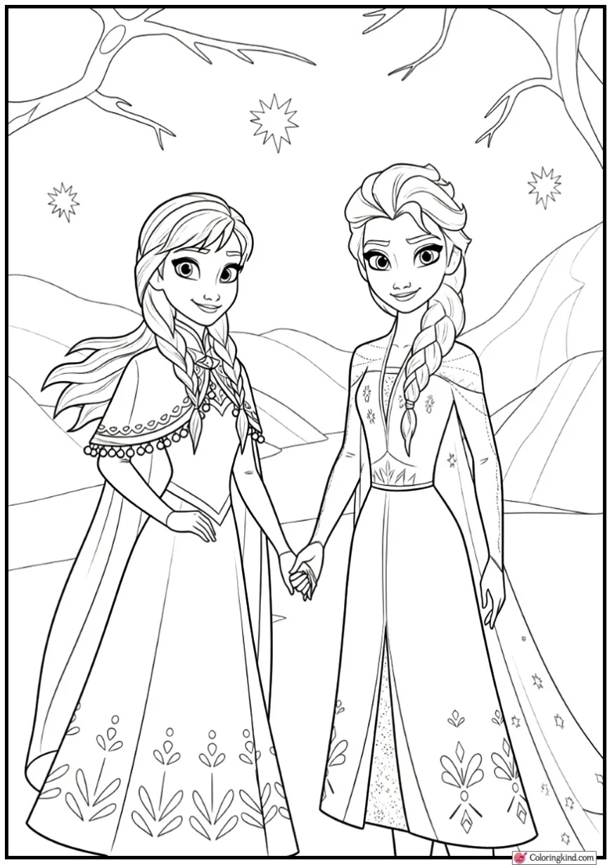 Anna and Elsa Holding Hands With Ice Magic Around