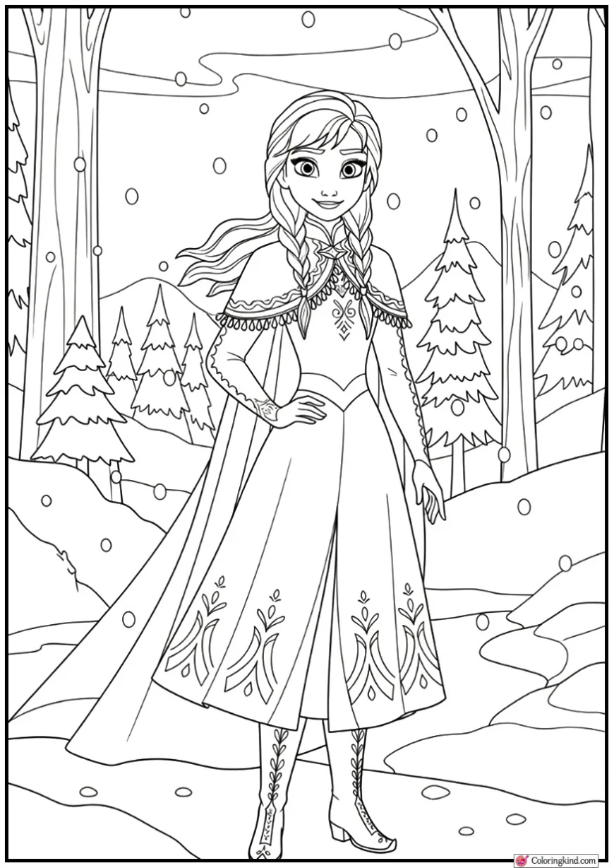 Anna Exploring Winter Woods with Gentle Snowfall