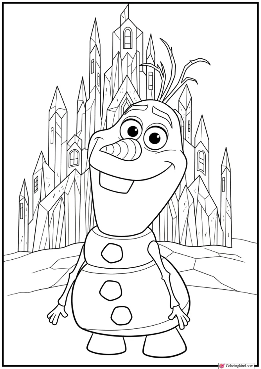 Olaf Smiling Beside Glittering Ice Castle