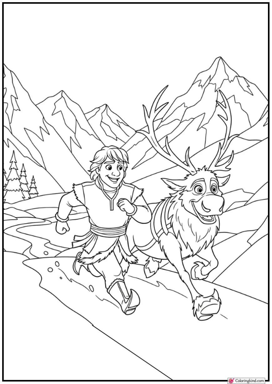 Kristoff and Sven Running Through Snowy Mountains