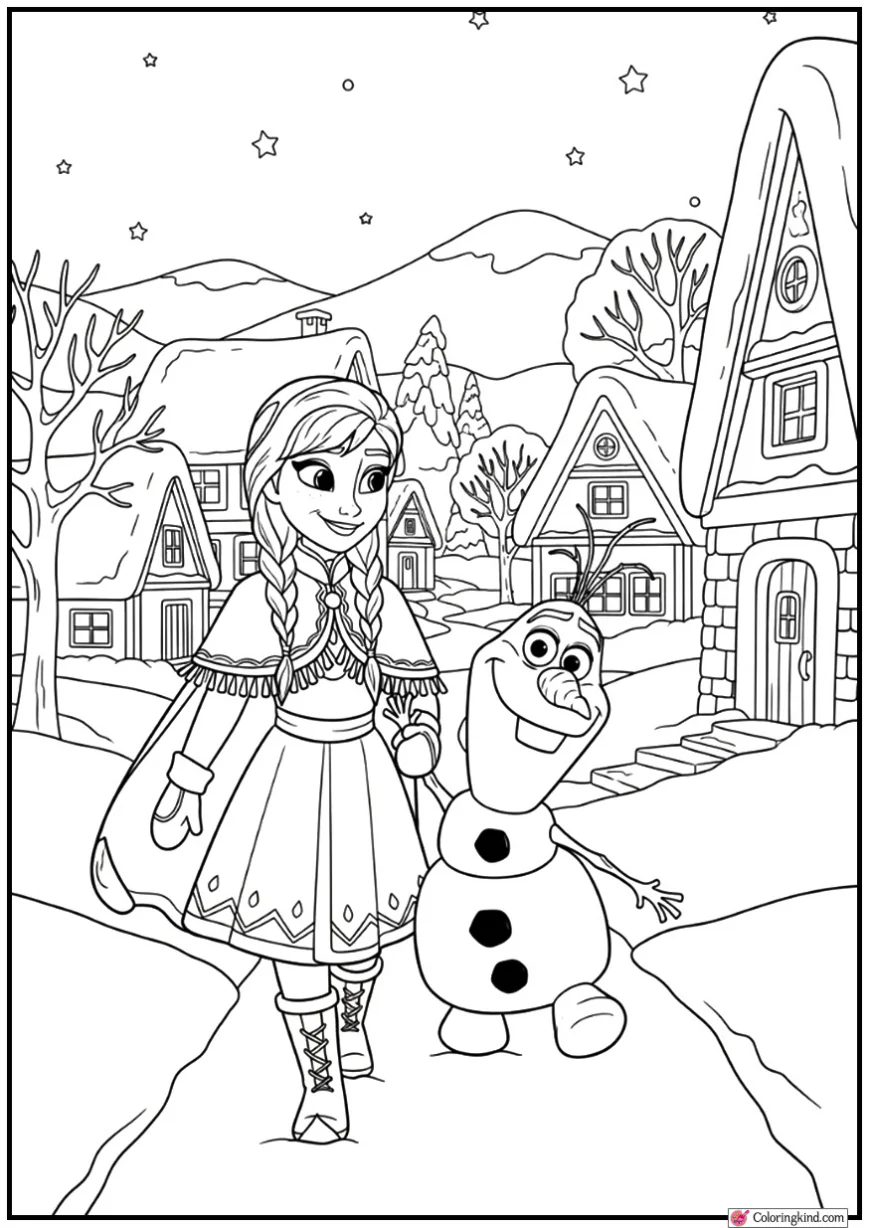 Anna Walking With Olaf Through Snowy Village