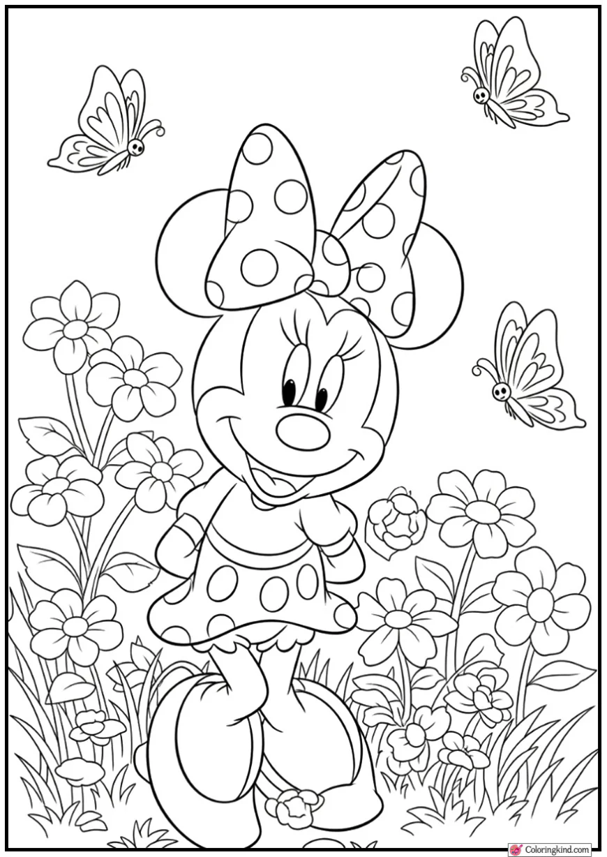Minnie Mouse in a Flower Garden With Cute Butterflies
