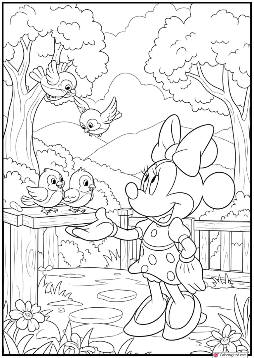 Minnie Mouse Feeding Birds at a Park Fountain