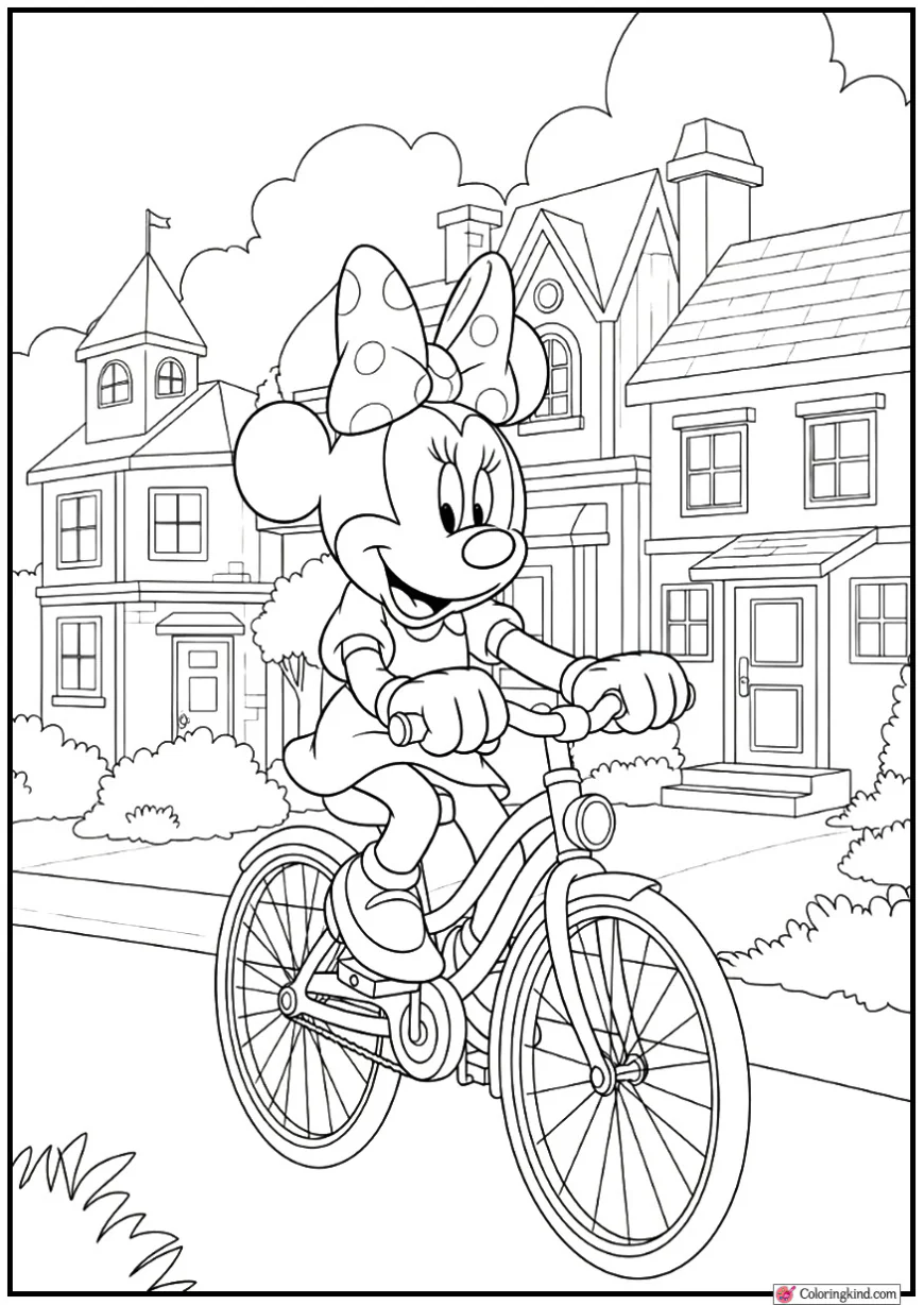 Minnie Mouse Riding a Bicycle Through Town
