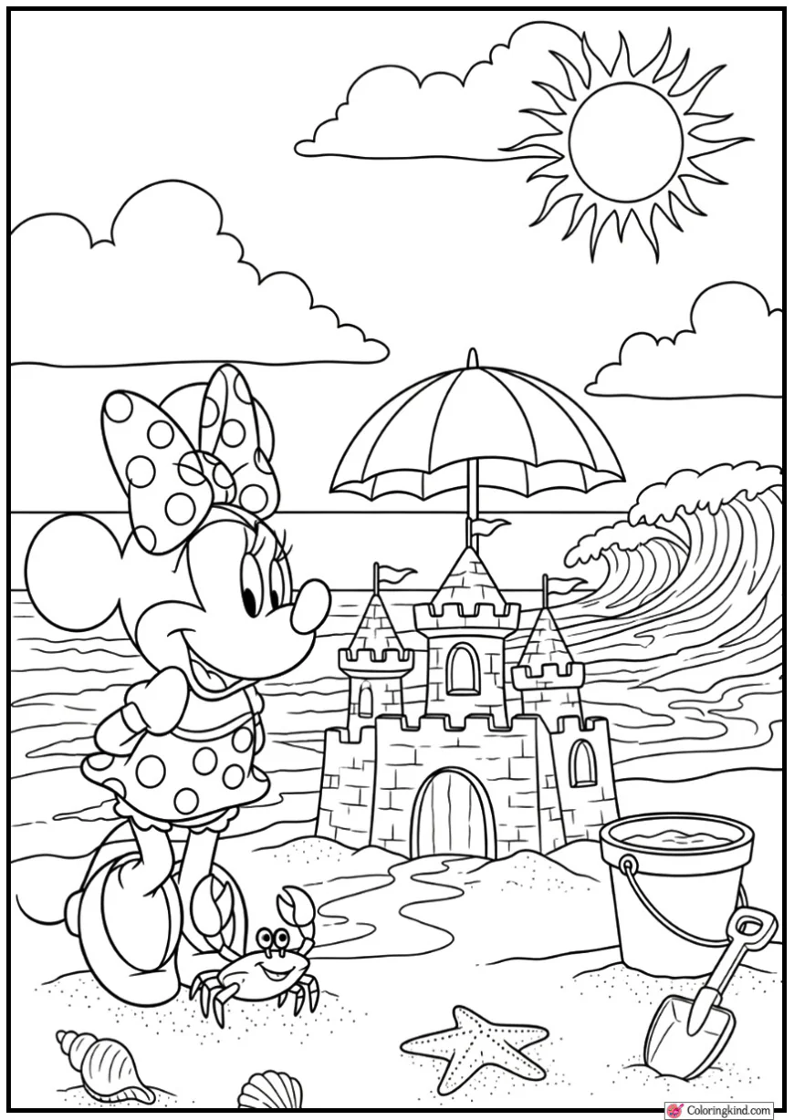 Minnie Mouse at the Beach Building a Sandcastle