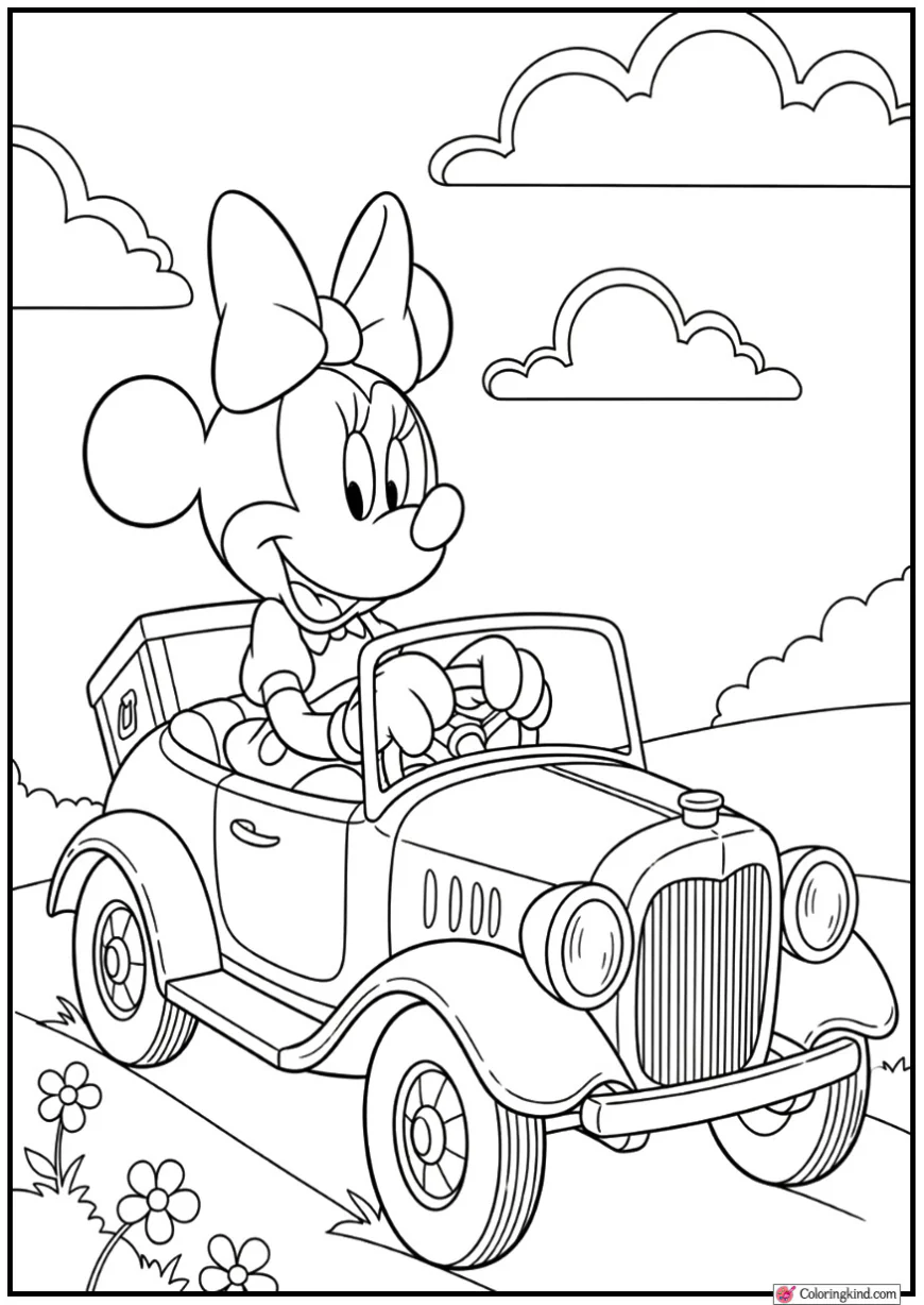 Minnie Mouse Driving a Cute Vintage Car