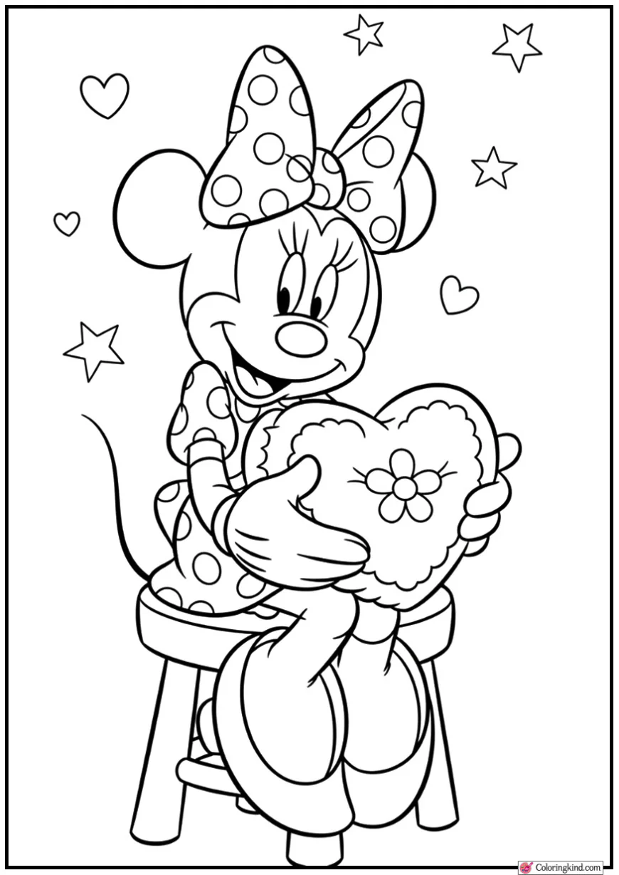 Minnie Mouse with a heart-shaped pillow